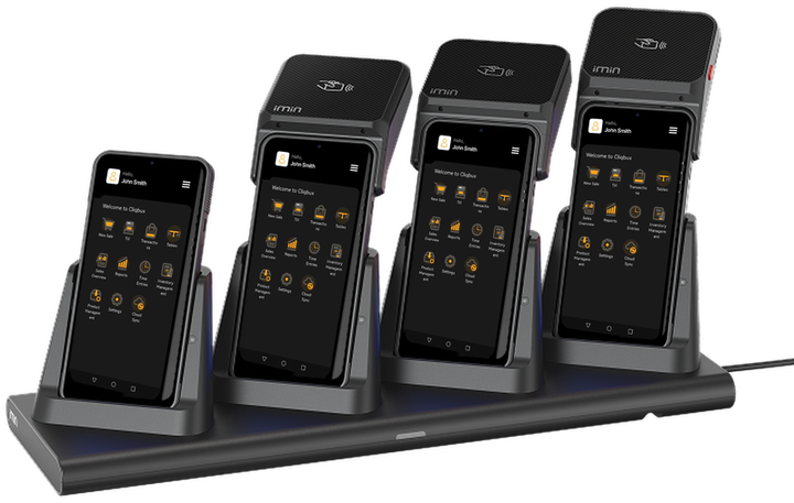 iMin Swift 1 Pro mobile POS devices and charging dock