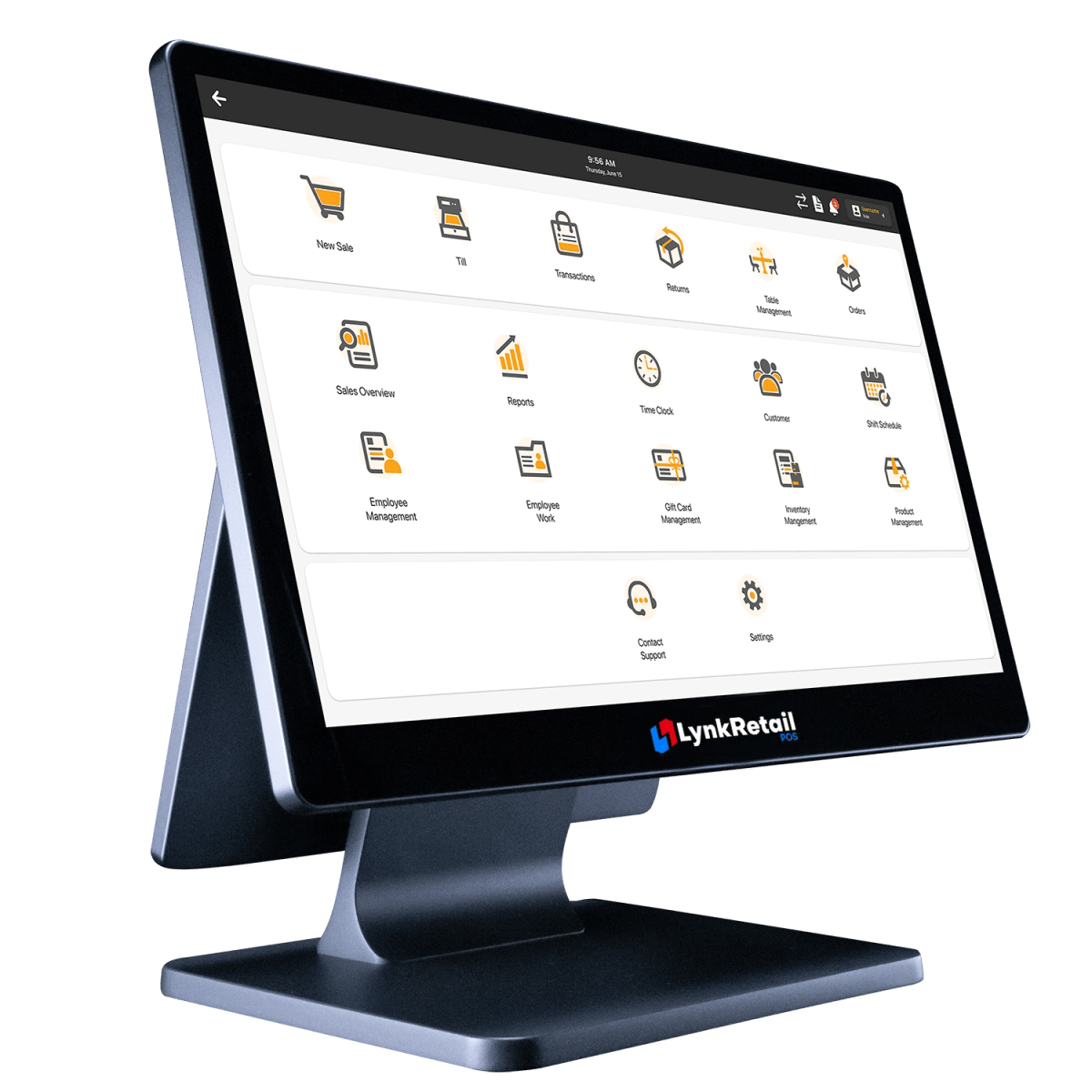LynkRetailPOS touchscreen terminal showing the cashier main screen